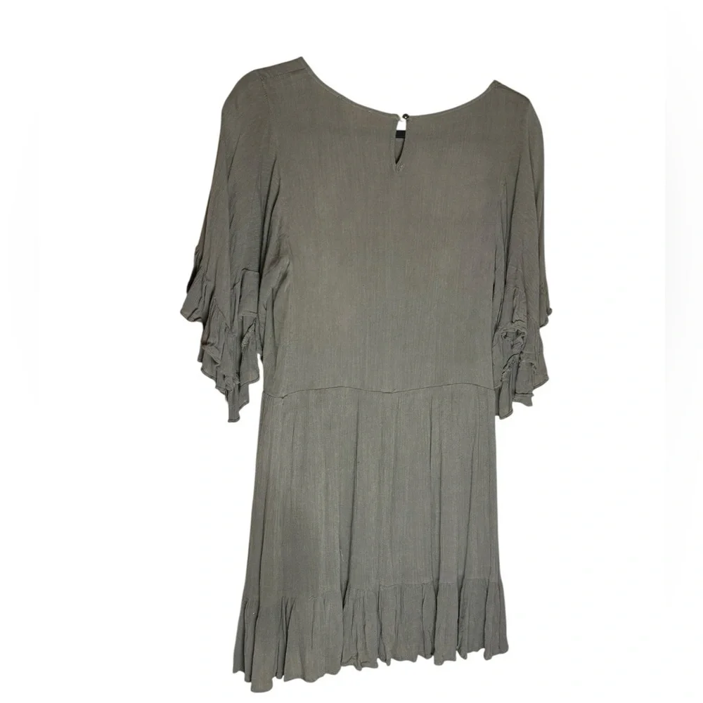 Entro Olive Green Embroidered Ruffle Hem Flyaway Sleeve Boho‎ Mini Dress Size S